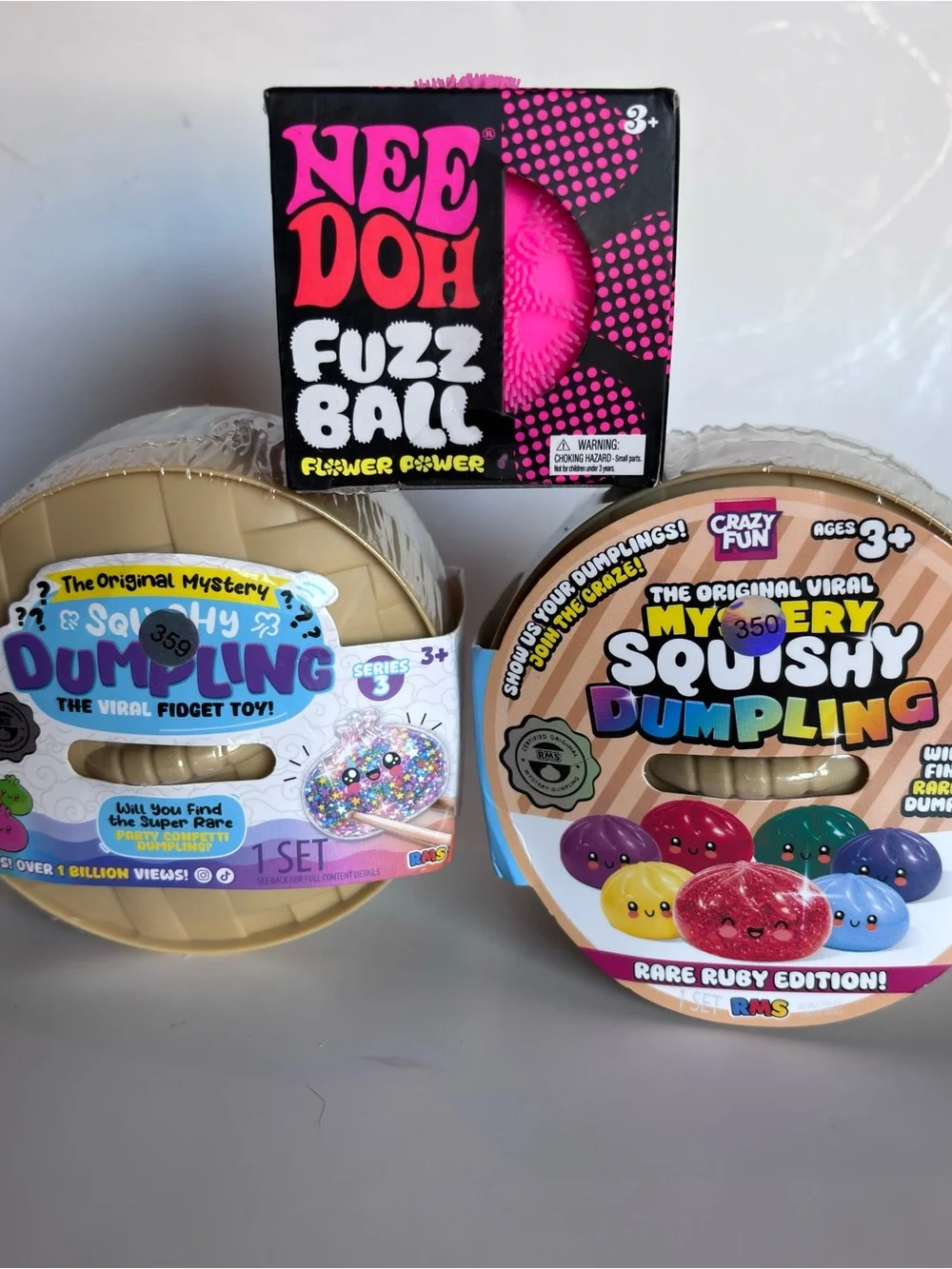 Authentic Needoh Fuzzball & Mystery Tie Dye Dumpling / Squishy -Bundle Of 3 NIB